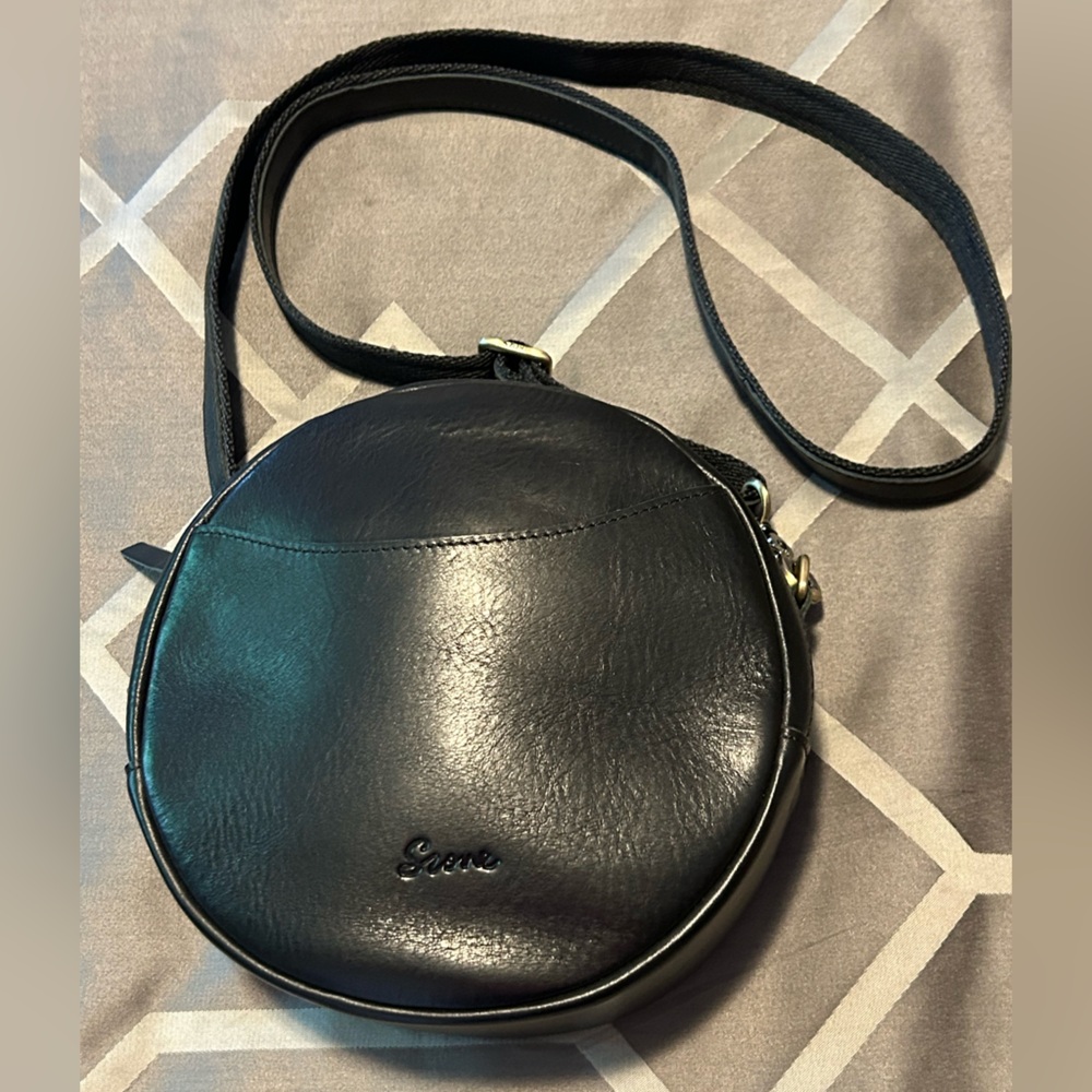 Elegant Black Round Leather Crossbody Bag by S-zone